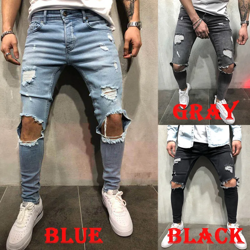 large size fashion men ripped jeans denim trousers destroyed hole pants stretch slim elastic soild color jeans