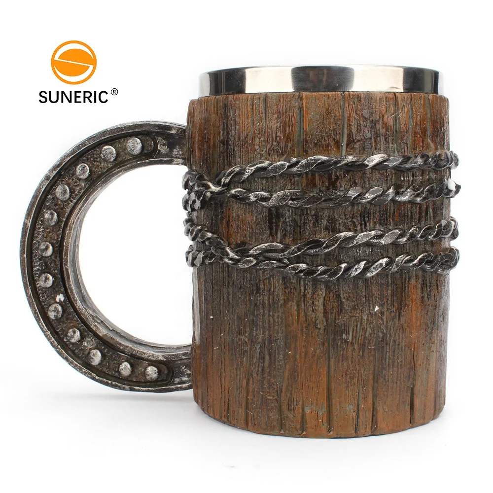 Creative Wooden Barrel Resin Simulation Double Wall Insulated Stainless Steel Beer Coffee Cup Wine Mug