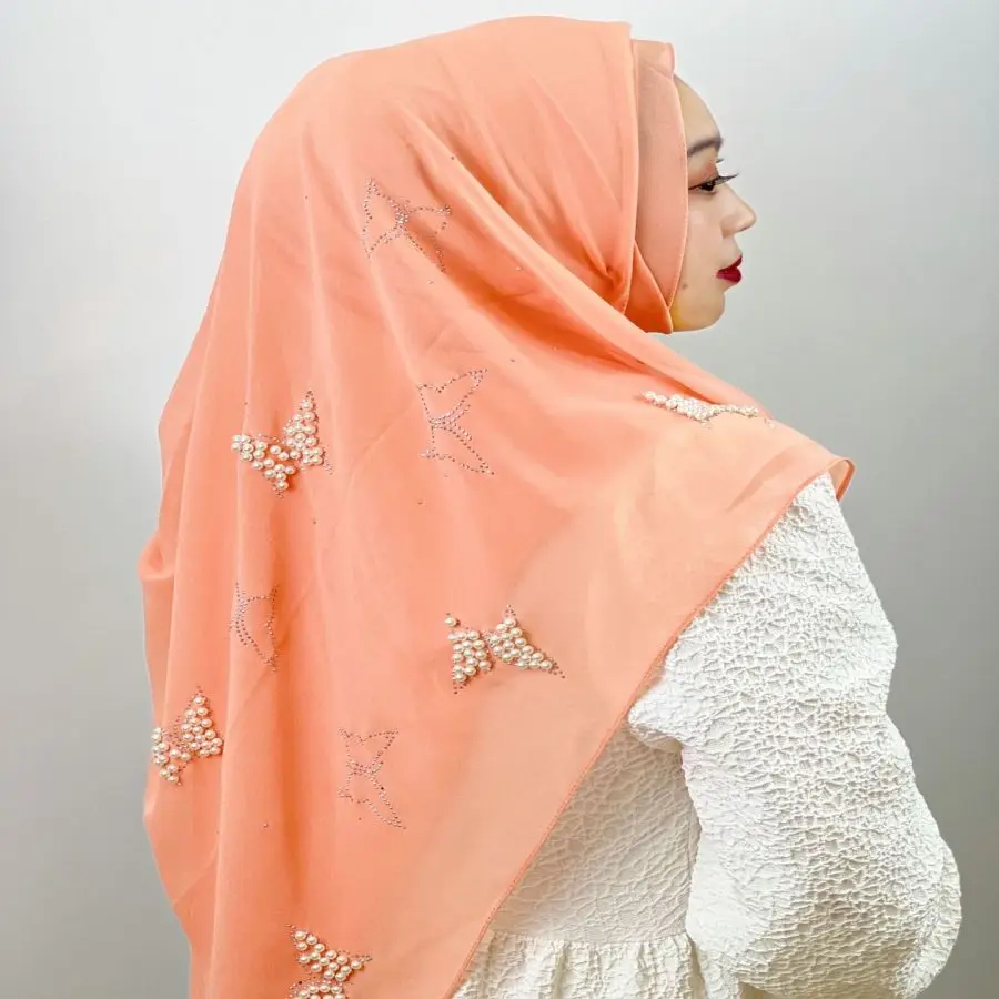 Hot seller Versatile fashion exquisite monochrome chiffon butterfly beaded pattern ladies shawl Malay Muslim hijab headscarf