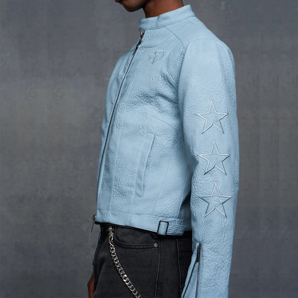 Custom Streetwear Racing Jacket Embroidery Patch High Texture Crop Pu Motorcycle Jacket Blue Boxy Zip Up Leather Jacket Men