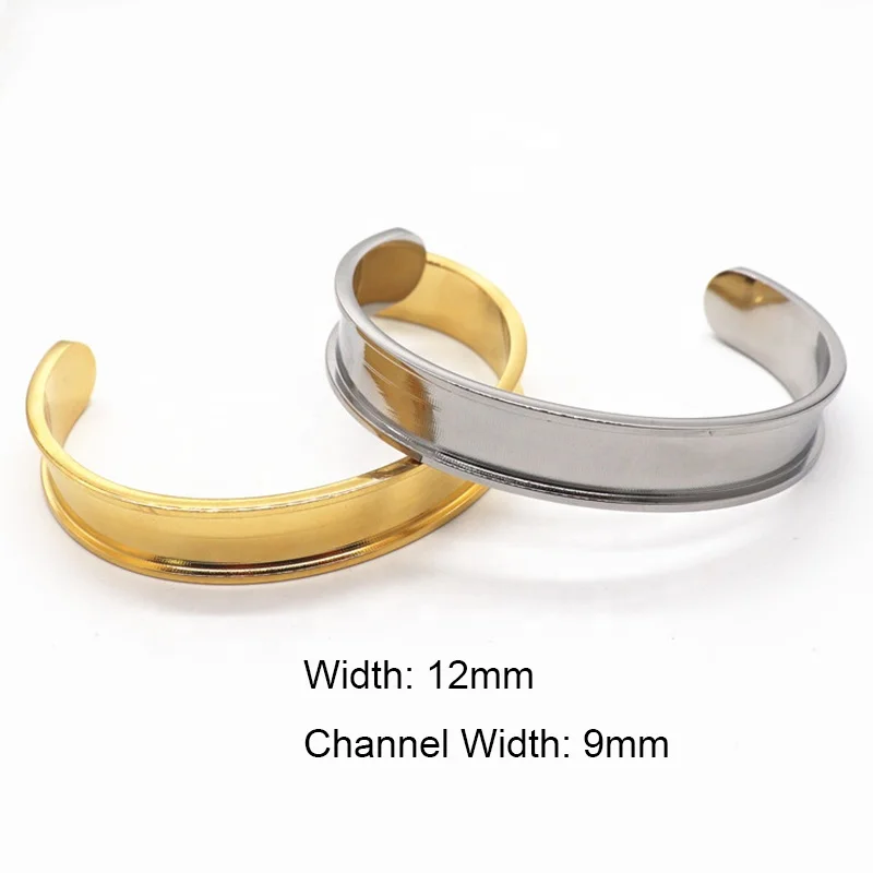 AJL Jewelry Wholesale Factory Price 12mm Wide Chunky Stainless Steel Cuff Bracelet Channel Blank Open Bangle for Inlay