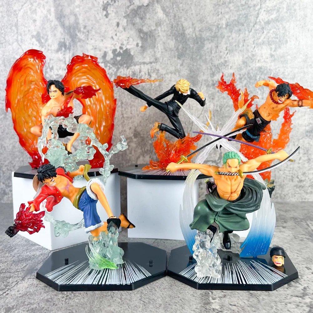 One Pieced Anime Theater Fire Fist Luffy Zoro Sanji Ace Three Swords Flow Model Ornaments 25cm Action Figure Set Boxed Toy Kids