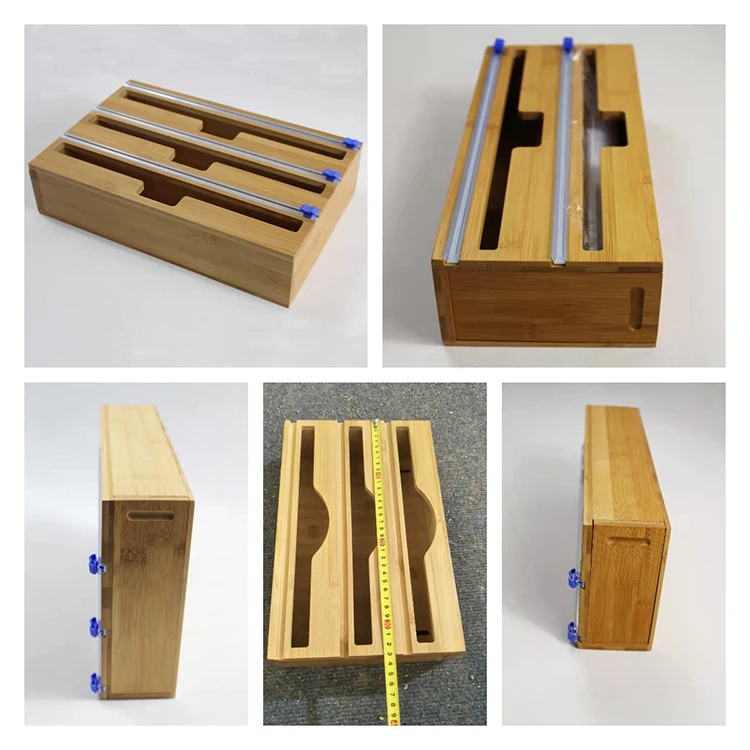 Wholesale hot sale kitchen roll organizer cling holder four size bamboo foil wrap dispenser with cutter