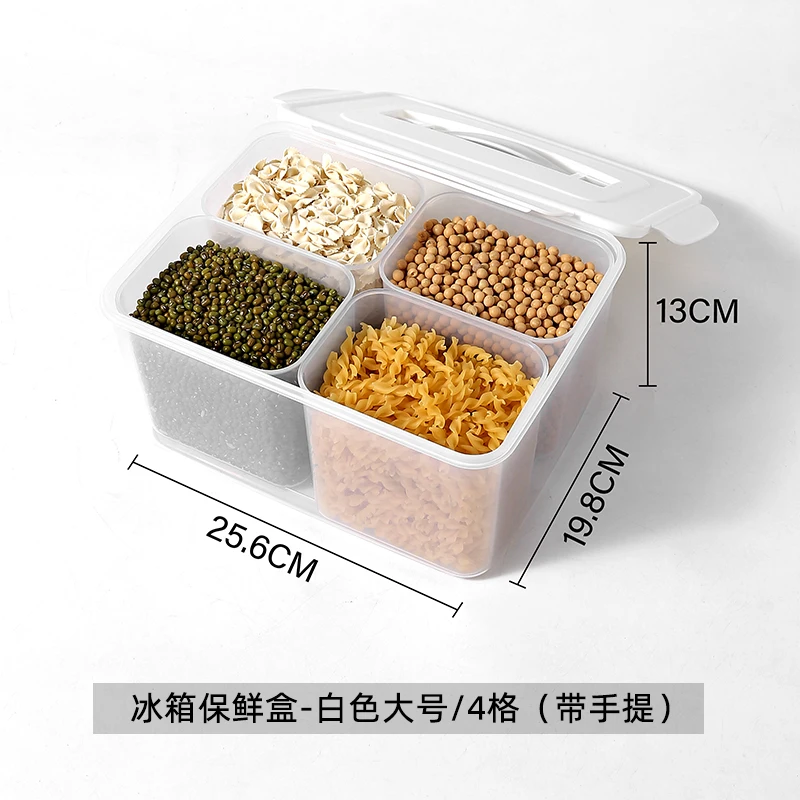 Multifunctional 4 Compartment Dry Food Container Rectangle-shaped Bagasse Storage Box Plastic Seal Fresh-keeping Grain Box