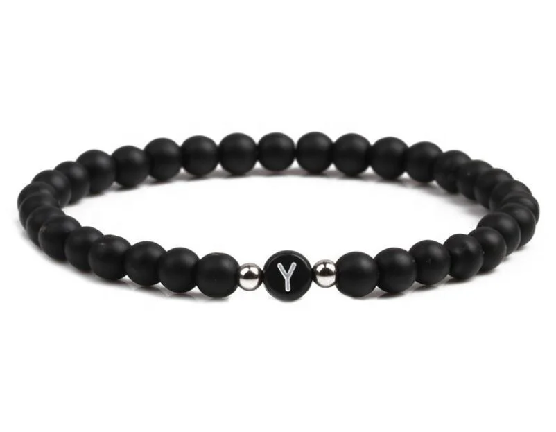 Promotion 26 letter A to Z Natural black agate beads bracelet 6mm name bracelets for men