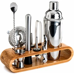 Stainless Steel Bartender Kitchen, Accessories Cocktail Bar Shaker Tool Set With Premium Bamboo Stand/