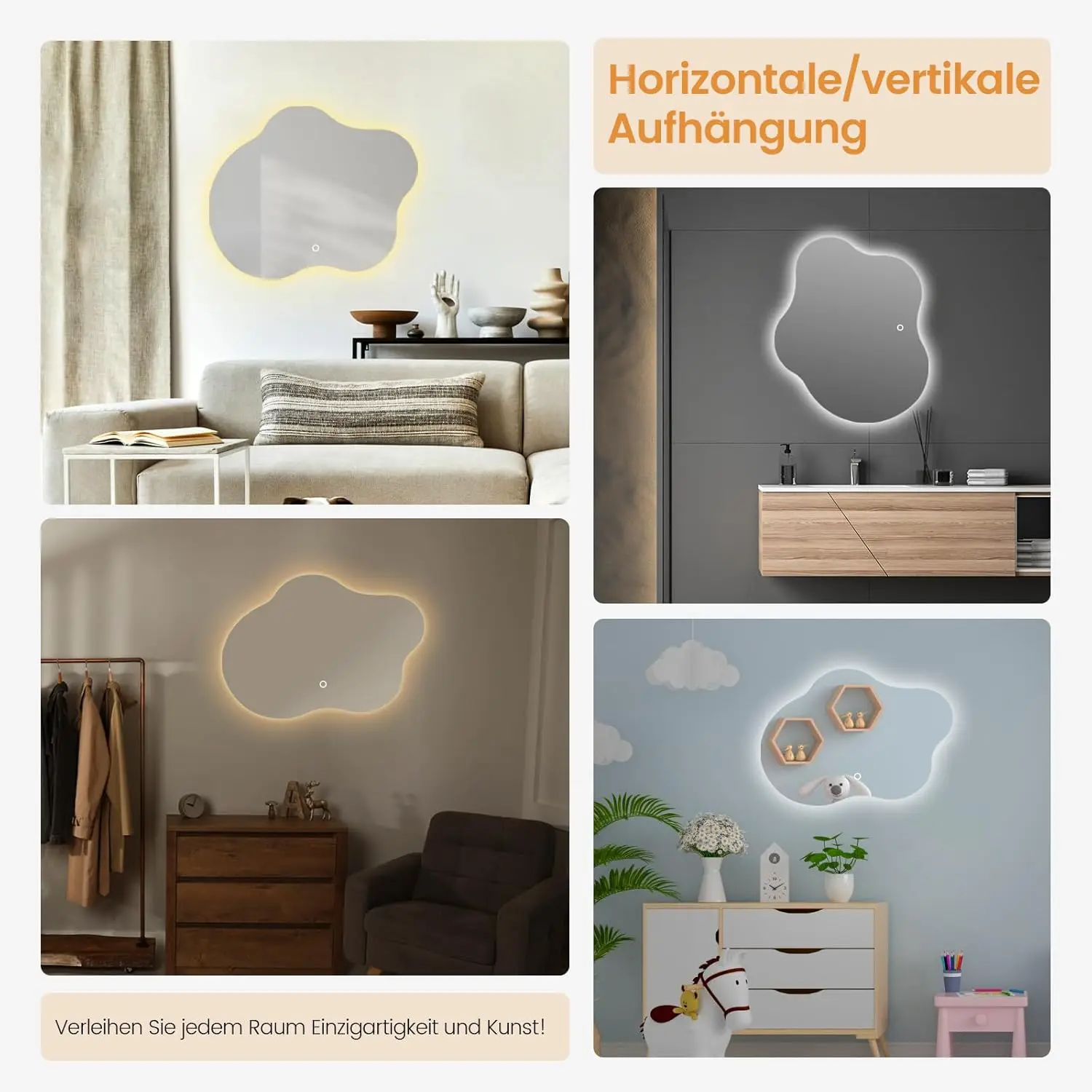 Factory direct selling touch switch modern intelligent bath mirror irregular hotel bathroom mirror with lighting