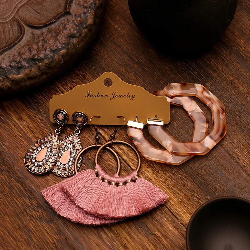 Boho Earring Sets Retro Tassel Earrings Set Flower Earrings Ethnic Bohemian Jewelry Women