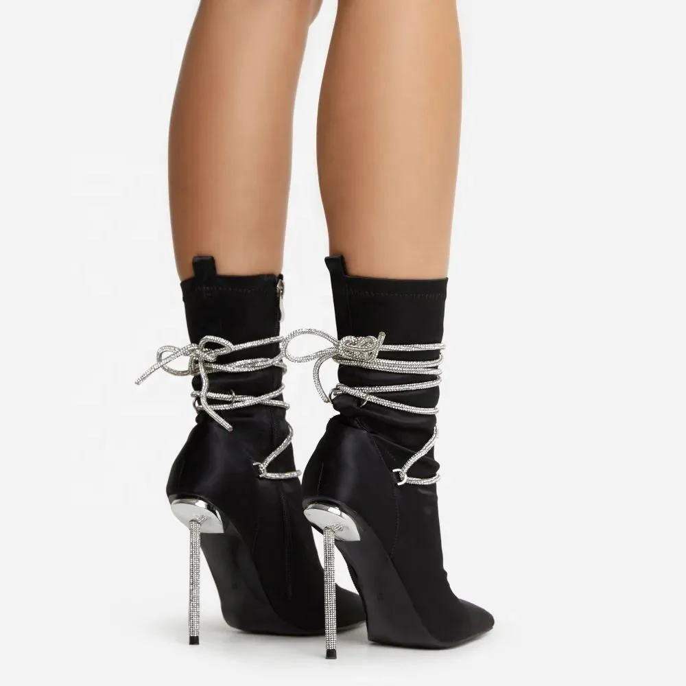 black strap diamond stiletto heel pointed  toe  lycra ankle sock dress boots  for women and  laddies women ankle boots