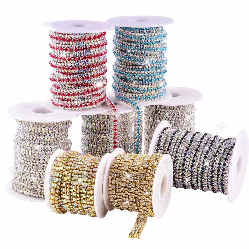 JFRC052 Fashion 3 Rows Sew On Crystal Rhinestone Cup Chain Silver Base With Claw For Dress Decoration Trim Applique