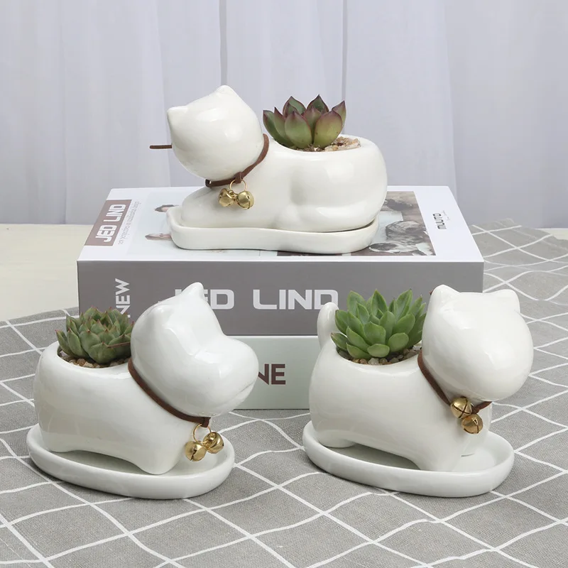 Custom Housewarming Gift White Glazed Cute Animals Shape Ceramic Planter Plant Succulent Cactus Pots with Ceramic Tray