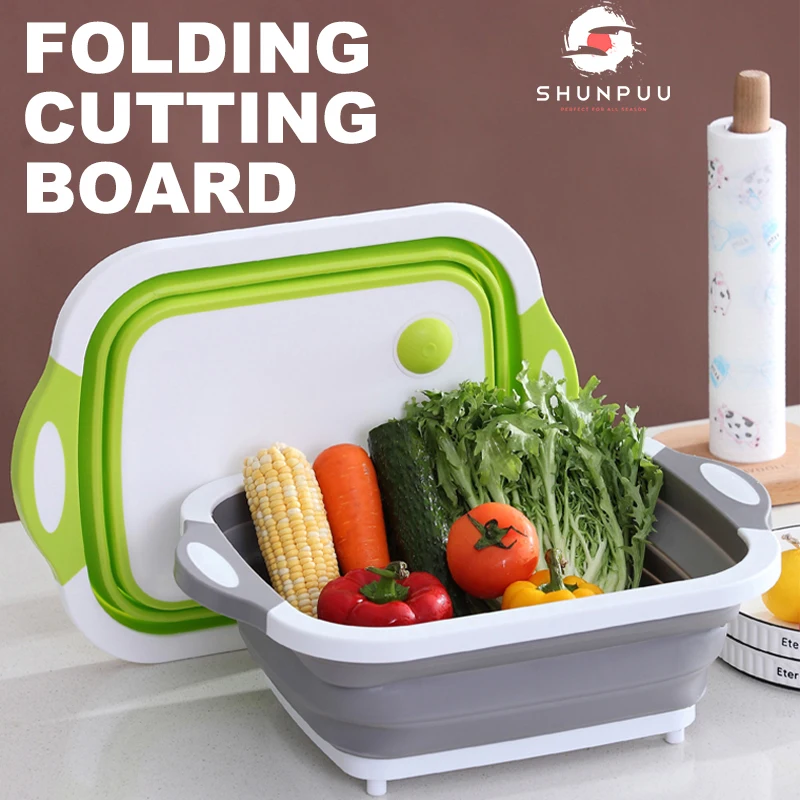 Foldable Cutting Board with Colander Plastic Multifunctional Kitchen Washing Basket Collapsible Cutting Board