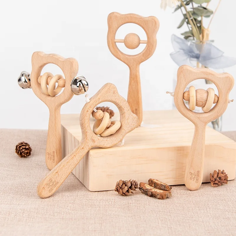 
Beech Wood Montessori Styled Baby Rattles Bear Rattle Set Natural Wooden Teethers for kids gift 