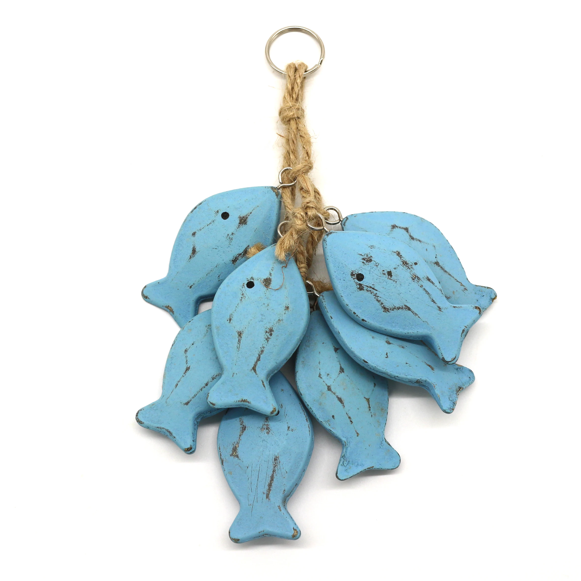 
3 Inches Hand Carved Wood Fish Hanging with Jute Rope Nautical Decorated, Mediterranean Style For Wall Hanging Gift Crafts, Blue 