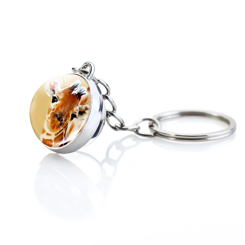 Hot Sale Animal Key Chain Tiger Lion Double Side Glass Ball Keychain women men light Key Ring Pendant Keyring
