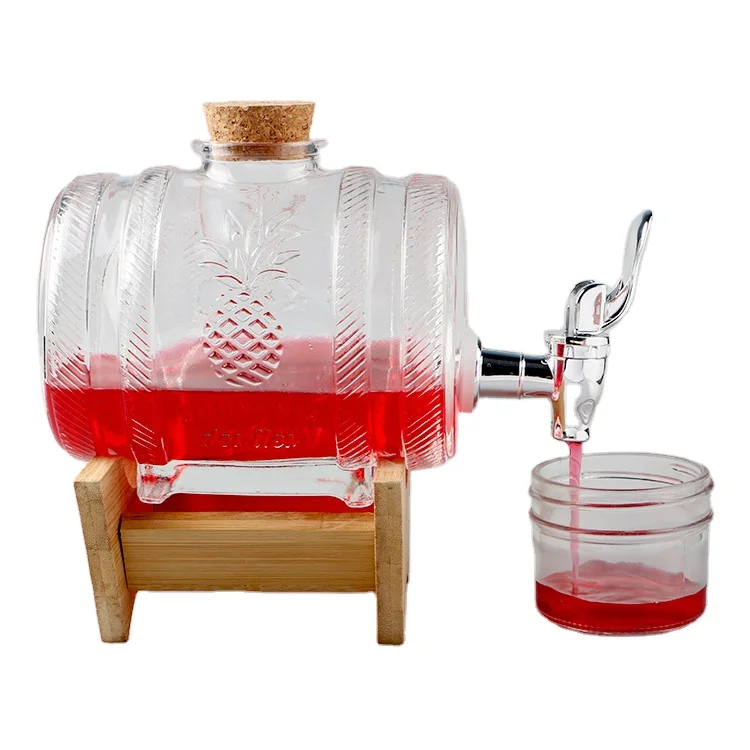 Drum design glass beer wine barrels whiskey barrel with faucet and wooden base CNLF