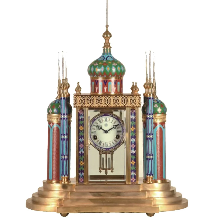 Antique Brass 15 Days Mechanical Mosque Floral Cloisonne Table Clock Powered By Battery, Striking on half & hour, Alarming