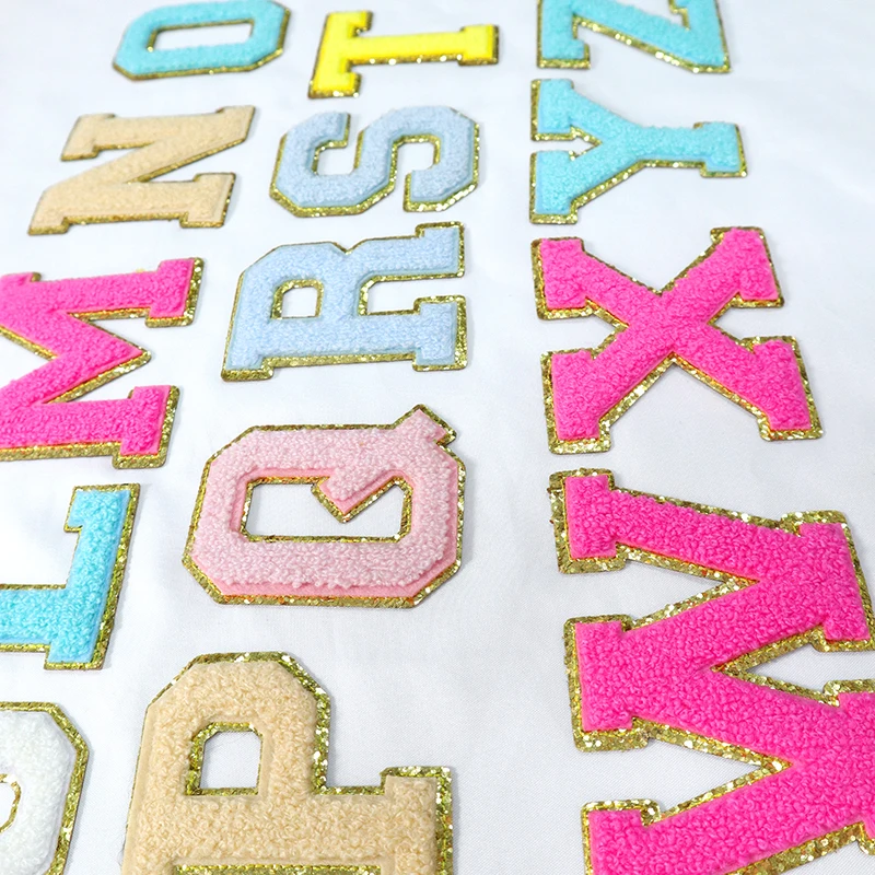 March Expo Discount 5.1cm 5.7cm 6.3cm 7cm Alphabet A-Z Glitter Patches Iron On Chenille Glitter Letter Patches For Clothing