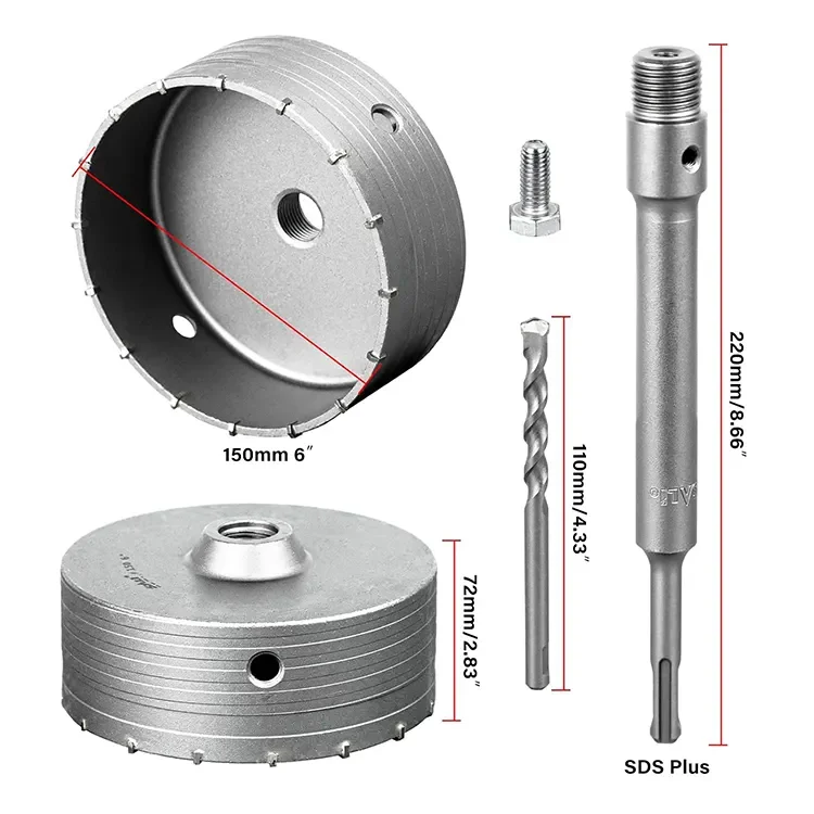 6-Inch Tungsten Steel Concrete Hole Saw Carbide Drill Bit SDS Plus Shank Stainless Steel Marble Cut Center Positioning Drill