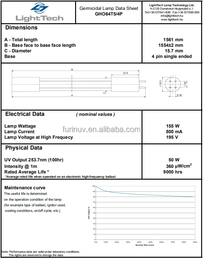 UVC sterilizer LightSources Light 155W 800mA GHO64T5/4P 254nm T5 Germicidal UV Lamp