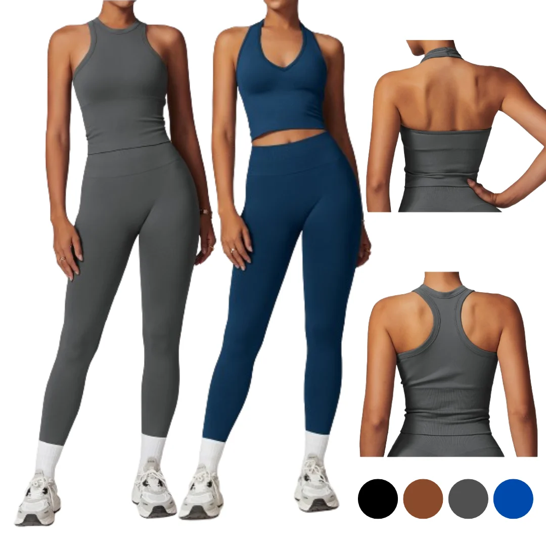Women Custom Fitness Outdoor Yoga Sets Ladies Stylish Threaded Bodysuit Gym Wear Sports Bra Leggings Yoga Sets