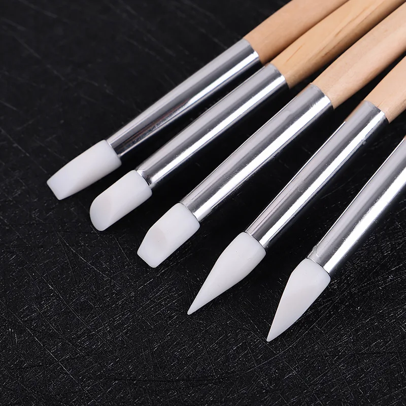 Wooden Pole Five Silicone Pen Set Soft Ceramic Indentation Pen Blending Gradient Nail Art Silicone Pen