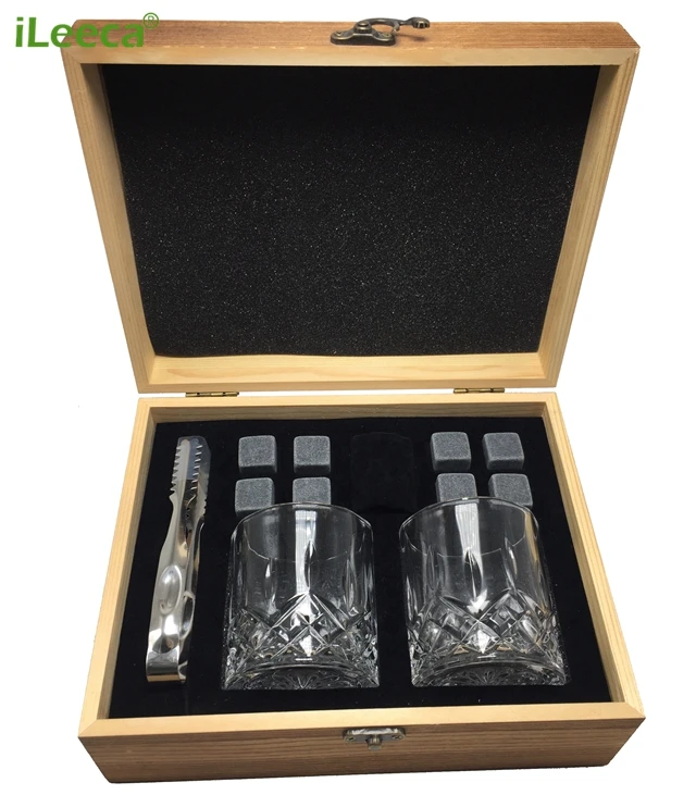 Combination soapstone chilling rocks and wooden box set whiskey stones