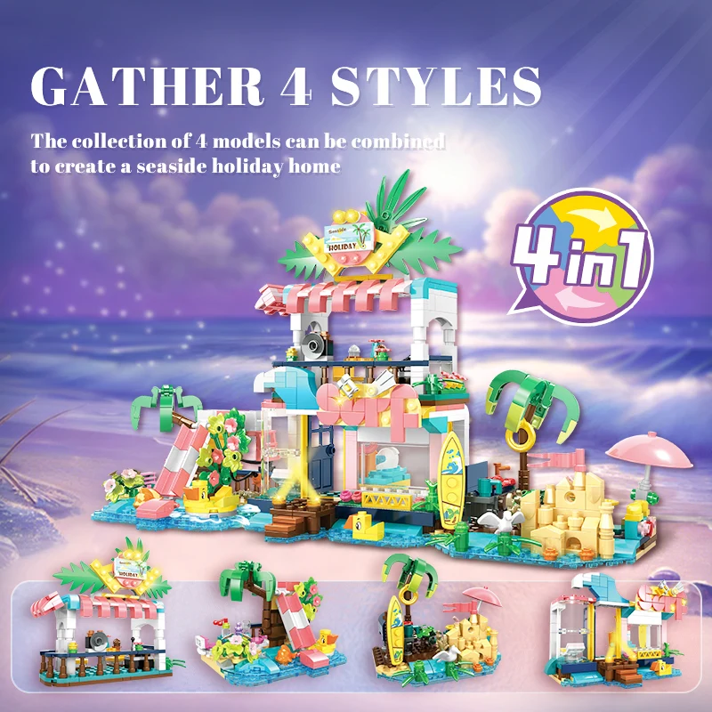 WOMA TOYS C0256-DS 617pcs 4 in 1 sea beach holiday house scenes land building block brick toy set for kids
