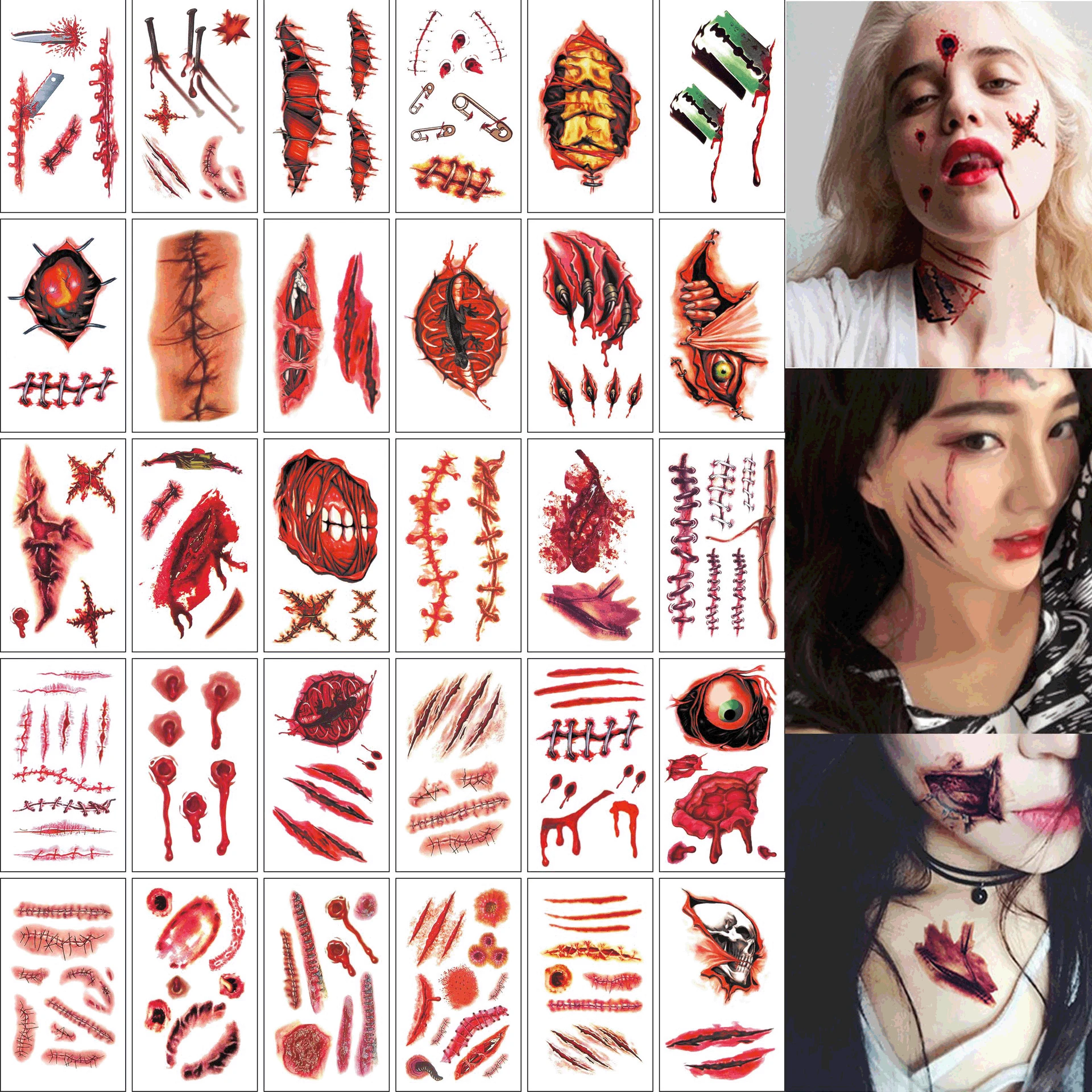 tattoo sticker custom Halloween Waterproof Tattoo Stickers Bloody Big Mouth Scar Tattoo Decoration Wound Horror Blood Sticker
