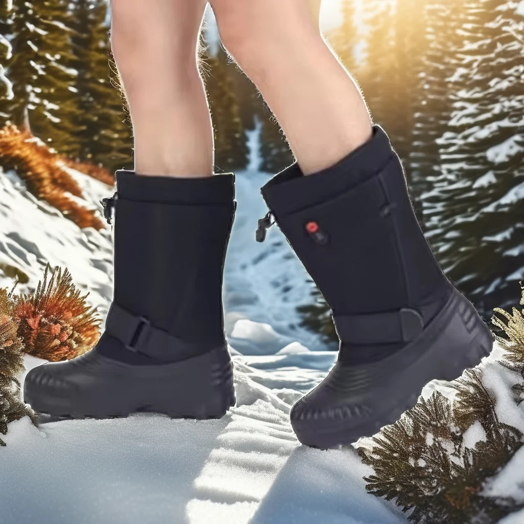 Outdoor 7.4V Heated Winter Boots Men Waterproof Ankle Height Snow Boots Genuine Leather Lining Fur Plush Insole Upper Position