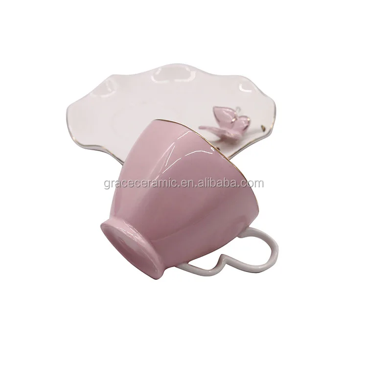 Pink Butterfly Embossed Ceramic china Fine Porcelain Cup And Saucer With Gold Rim
