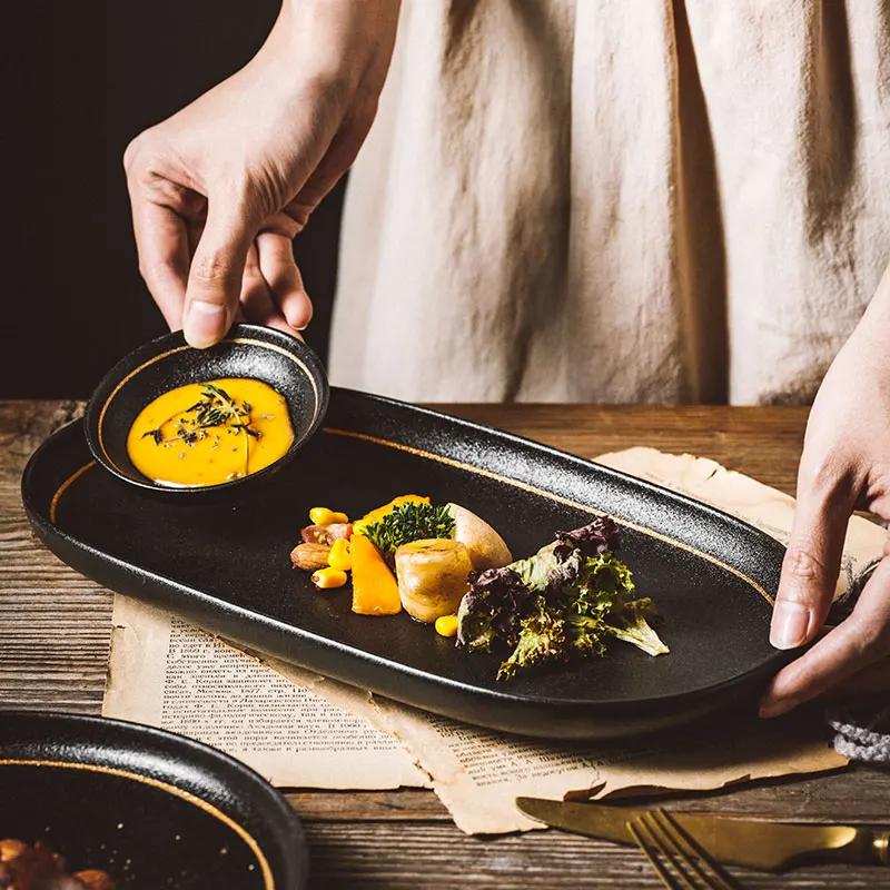 Black Nordic Ceramic Kitchen Dinner Dish Sets Plate Rice Salad Noodles Bowl Soup Plate Set Ceramic Dinnerware Dinner Sets