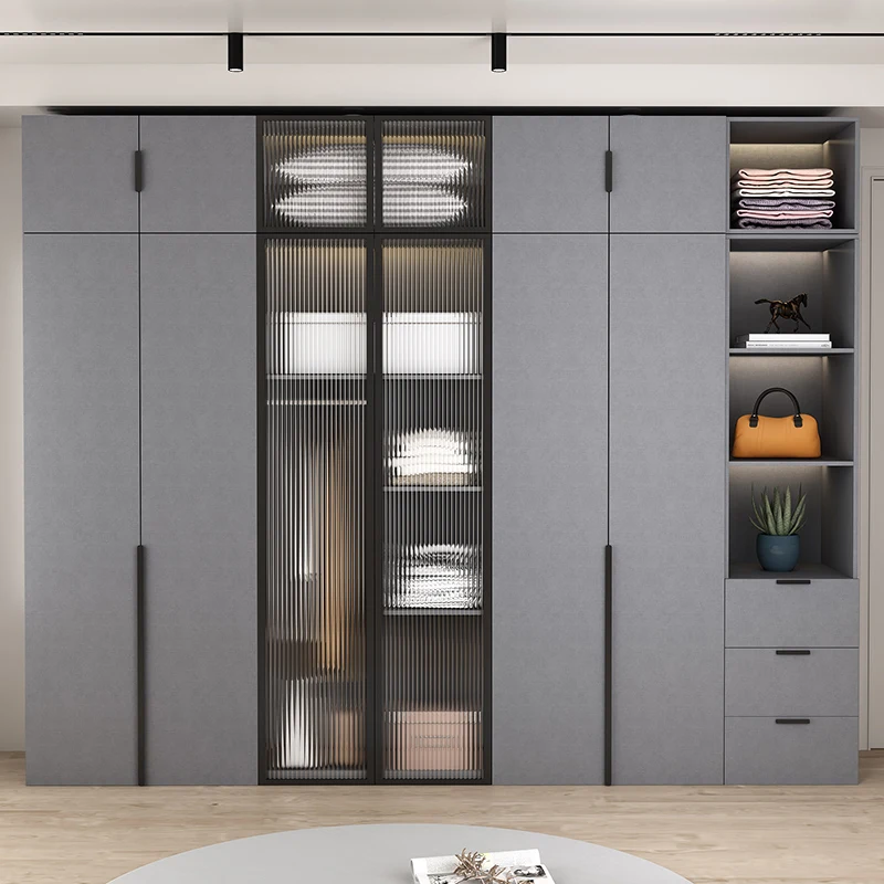 Light luxury wardrobe Household bedroom solid wood small apartment hanging cabinet grey combination wardrobe