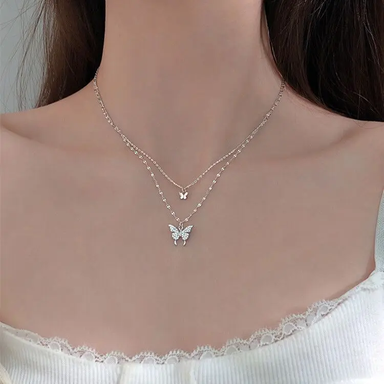 wholesale women rhinestone crystal butterfly necklace gold plated double layered ladies jewelry butterfly pendant necklace