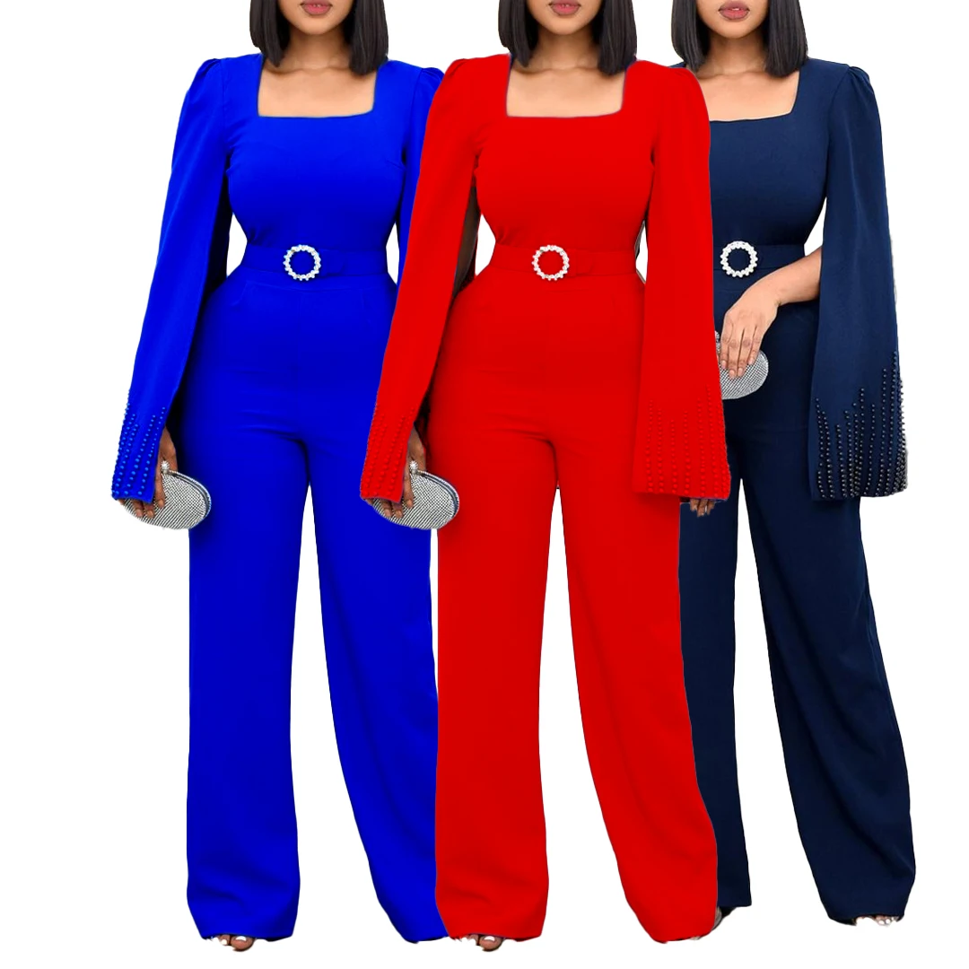 2022 The New European and American Office Lady Women Casual Jumpsuits Bead Rompers Business Wide-legged Pants with Belt