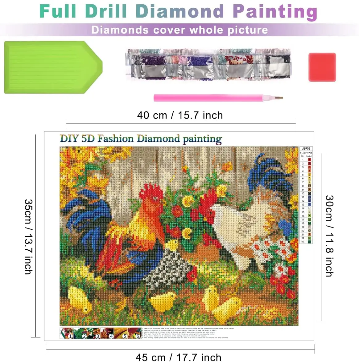 DIY 5D Diamond Painting Kits for Adults,Round Full Drill Diamond Art Kits,Rooster Hen Gem Painting Art for Kids