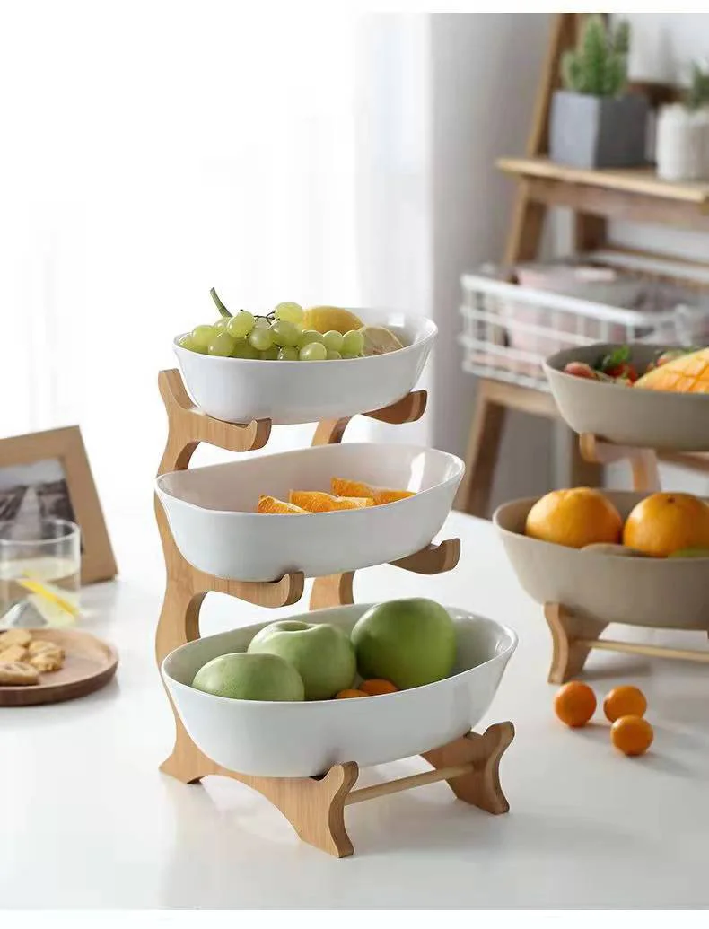 Multi-Layered Multifunction Fruit Plate Ceramic Plate Bamboo Wood Rack Dried Fruit Plate Storage Racks