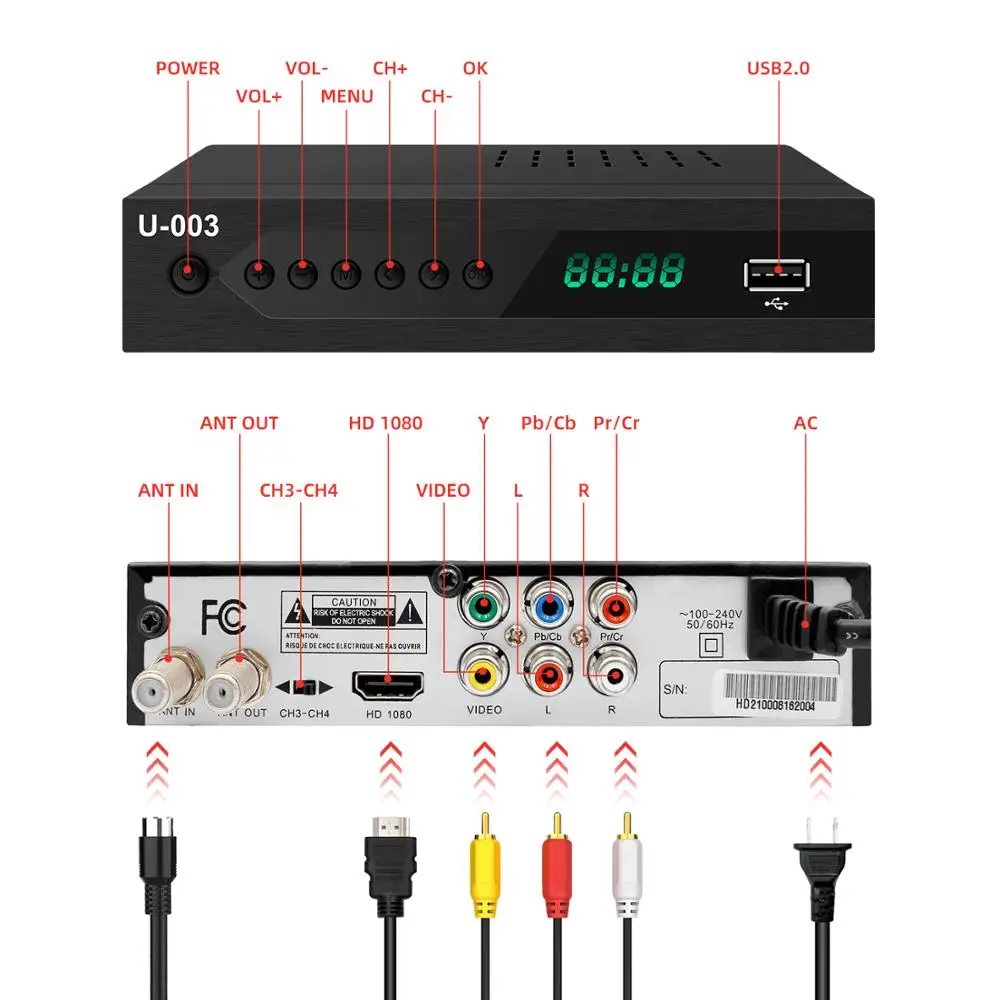 ATSC Modulador TV U-003 Digital TV Box Tuner + Recorder Receivers hevc H.264 support full HD 1080p USB2.0 for PVR Set Top Box