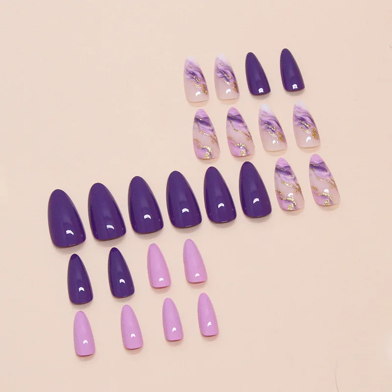 Wholesale Price Luxury Almond Purple Gold Lines Press On Nails 24 Piece False Artificial Fingernail Private Label Fake Nails