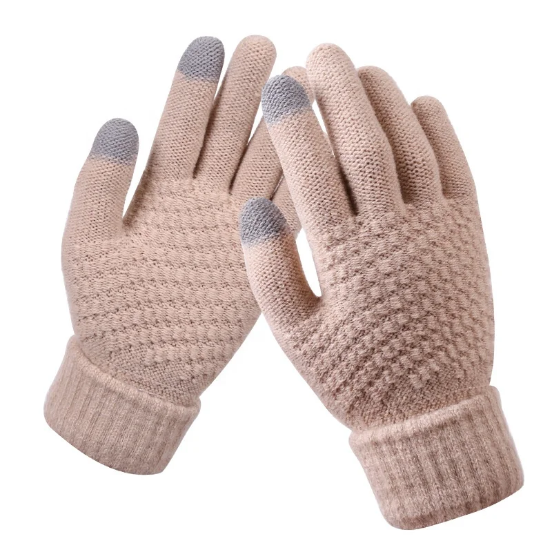 Factory wholesale touch screen gloves women winter knitted and velvet thickened non-slip
