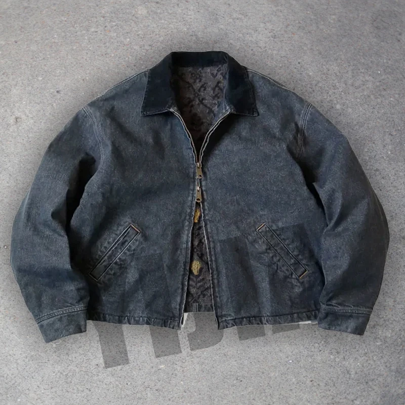 YIJIA Custom Heavyweigh Duck Canvas Work Jacket Distress Sherpa Lined Boxy Crop Workers Workwear Bomber Jacket Men
