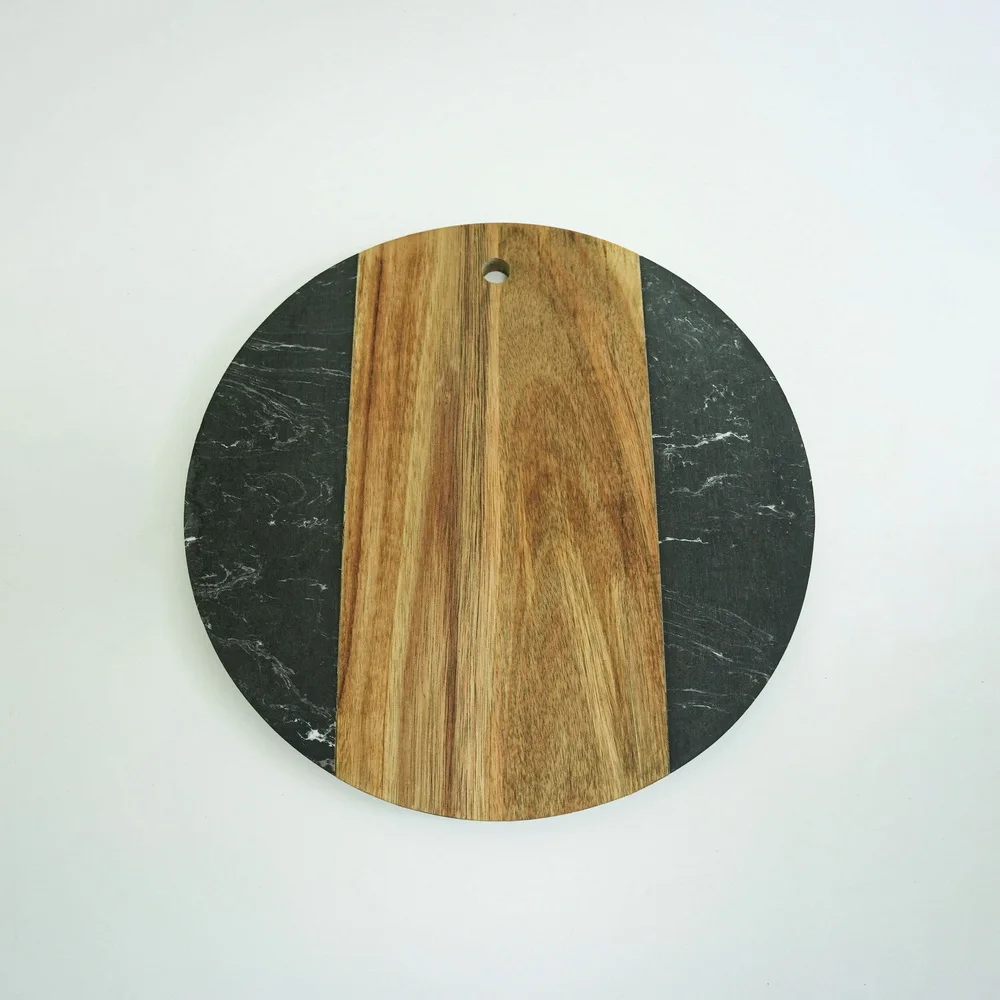 Multifunctional round shape black marble and acacia wood cutting board chopping board for kitchen