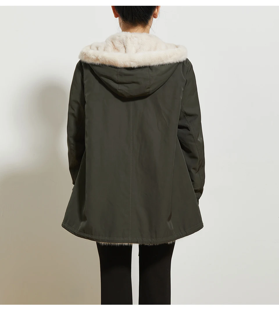 Fashion Women Winter Warm Mink Fur Coat Drawcord At Waist Reversible Hooded Outwear