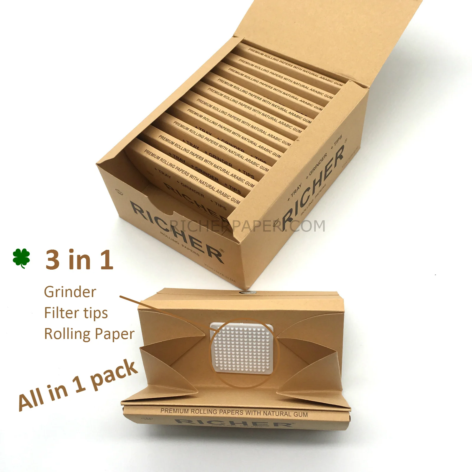 
Custom your own logo new arrivals 3 in 1 tray + grinder + filter tips natural hemp rolling paper 
