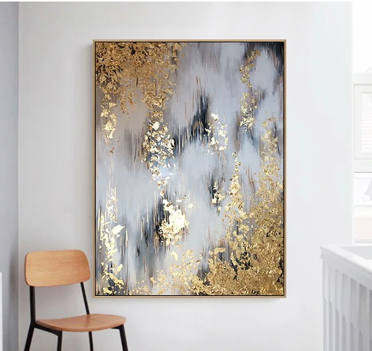 
golden and black color big size abstract modern wall art of framed oil painting by artist`s heavy brush texture 
