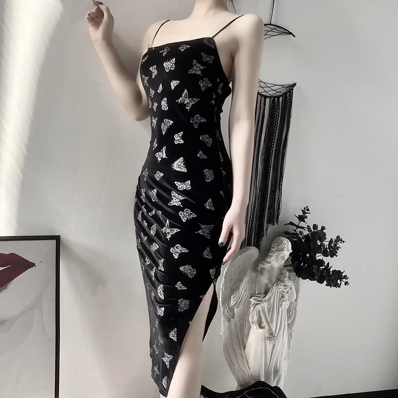 2022 Fashion Dark Sexy Butterfly Print Fork Cheongsam Bodycon Women Night Club Sling Qipao Dress