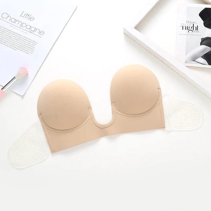 Deep U plunge gathering backless silicone invisible bra push up strapless self adhesive bra