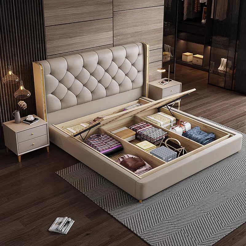 Высококачественные современные двухместные кожаные деревянные кровати роскошные наборы для хранения спальни отель мягкий King Size высокая задняя