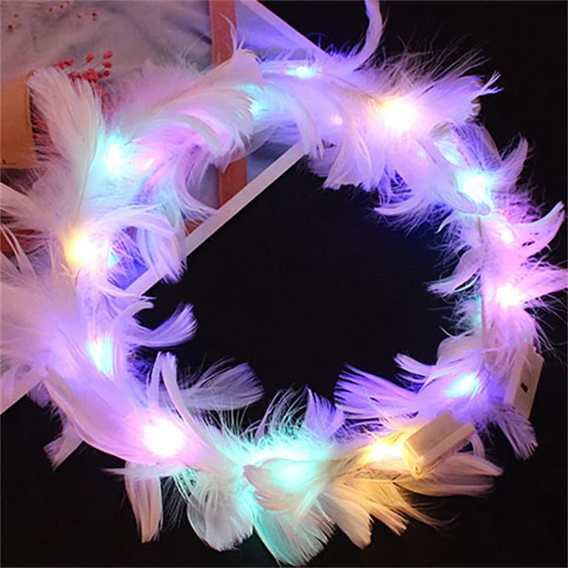 LED Flashing Wreath Angel Feather Headdress Colorful Luminous Garland Girl Headband Cheap Feather Headband