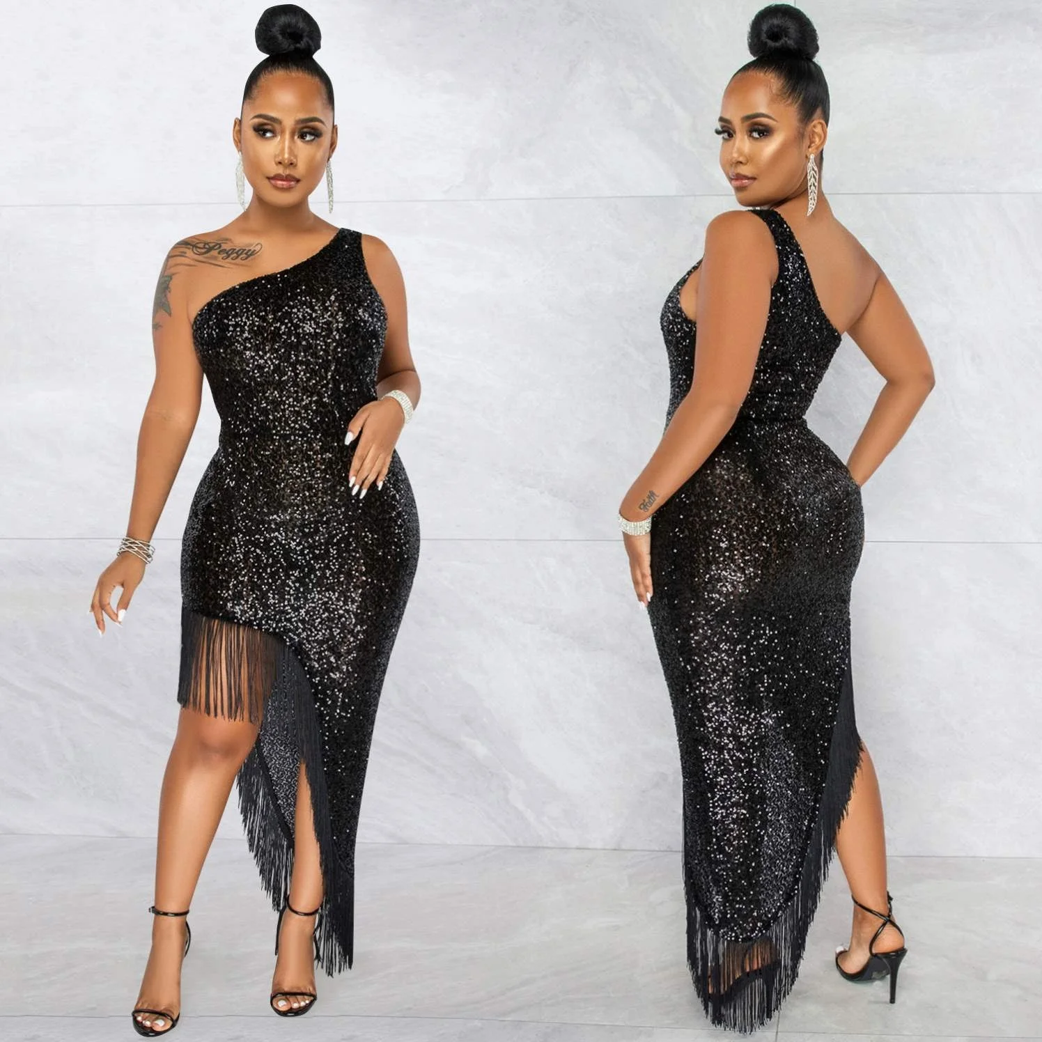 2025 Fashionable Design Women Red Sequined Knit Maxi Dress Solid Color Elegant Sexy Evening Prom Dress With Split